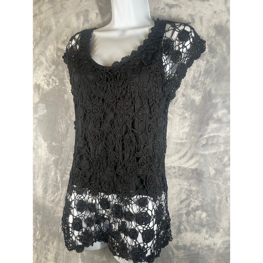Vintage y2k black crochet longline layered top Newport News M blouse babydoll - Picture 3 of 9